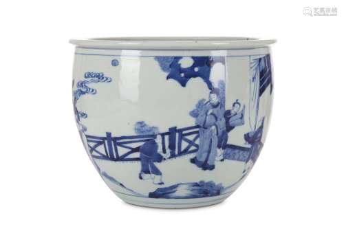 A CHINESE BLUE AND WHITE JARDINIERE. Qing Dynasty, Kangxi period. Painted with a rectangular