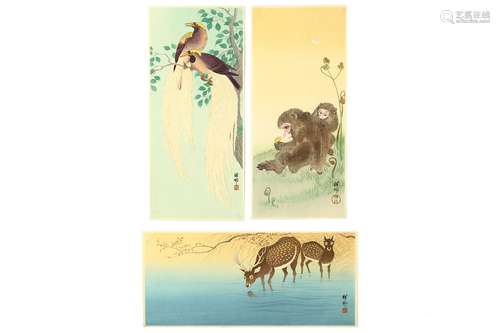 OHARA KOSON (1877 - 1945). Three tanzaku format prints, monkeys and a butterfly, a pair of long-