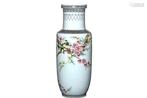A CHINESE 'BIRD AND FLOWER' ROULEAU VASE.  20th Century Finely painted with a pair of birds