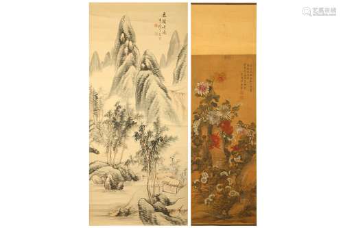 TWO CHINESE HANGING SCROLLS. Qing Dynasty. One a landscape depicting a small village in a bamboo