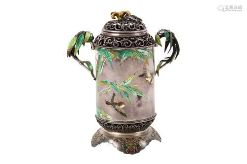 AN ENAMELLED SILVER VASE AND COVER BY OZEKI. Meiji period. Of cylindrical shape, delicately worked