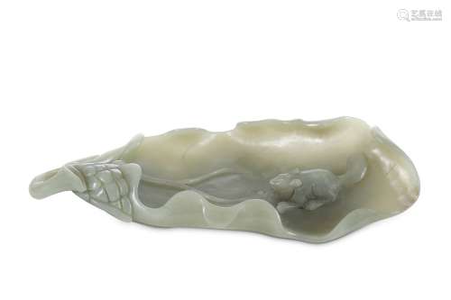 A CHINESE PALE CELADON JADE 'SQUIRREL AND VINE' BRUSH WASHER.  Qing Dynasty. Carved as a large