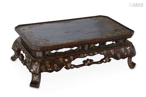 A CHINESE MOTHER-OF-PEARL INLAID LACQUER STAND. Qing Dynasty. With a rectangular top decorated