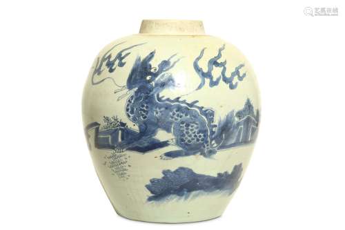 A CHINESE BLUE AND WHITE 'QILIN' JAR. With an ovoid body painted with a pair of mythical beasts, one