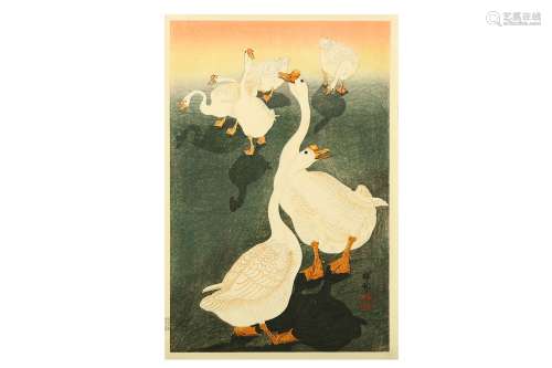 OHARA KOSON (1877 - 1945). A woodblock print, oban tate-e, a gaggle of six geese, signed Shoson,