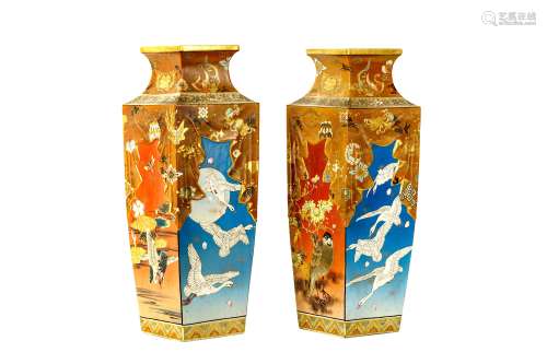 A PAIR OF EARTHENWARE VASES BY TAIZAN. Meiji period. Of square sections, richly decorated in various