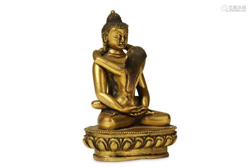 A SINO-TIBETAN GILT-BRONZE FIGURE OF VAJRADHARA AND PRAJNAPARAMITA. Seated on a lotus throne in