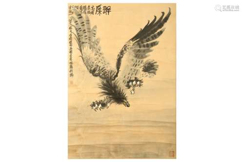 A CHINESE PAINTING OF AN EAGLE. Hanging scroll, ink and colour on paper. 99 x 68.5cm. 雄鷹圖   設色紙本