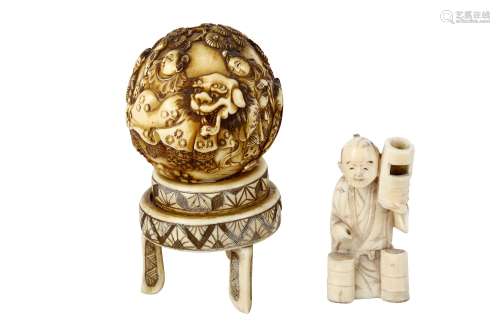 TWO IVORY OKIMONO. Meiji Period. An ivory ball carved with a continuous scene of karako (Chinese