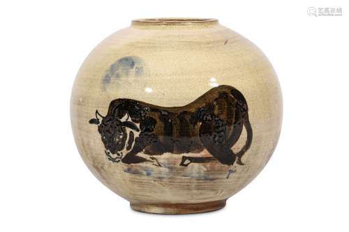 A CREAM GLAZED ‘OX’ JAR. Korea. The globular body supported on a short foot and rising to a lipped