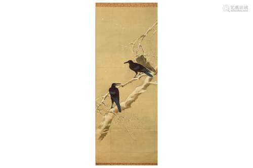 AN EMBROIDERED AND PAINTED HANGING SCROLL. Meiji period. Depicting three crows on a snow-covered
