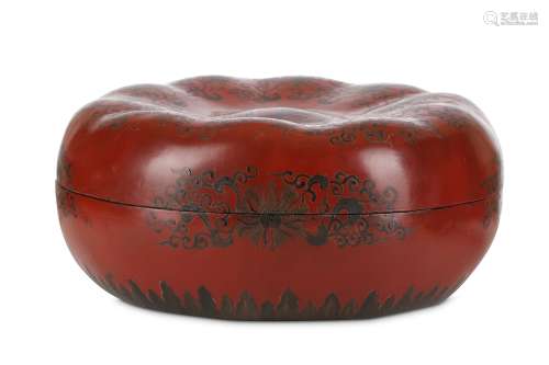A CHINESE CIRCULAR CINNABAR LACQUER 'PUMPKIN' BOX AND COVER. Qing Dynasty. With a flattened lobed