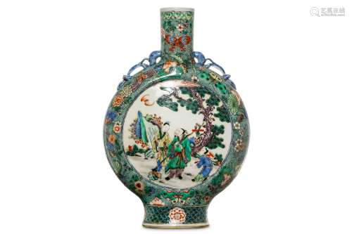 A CHINESE FAMILLE VERTE MOON FLASK. Of flattened circular form, each side with a circular roundel