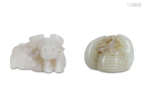 TWO CHINESE PALE CELADON JADE CARVINGS. 19th/20th Century. One formed as a pair of quails facing
