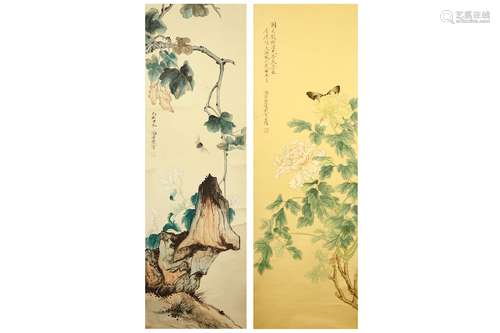 A PAIR OF CHINESE HANGING SCROLLS. Ink and colour on silk, each depicting blossoms and insects,