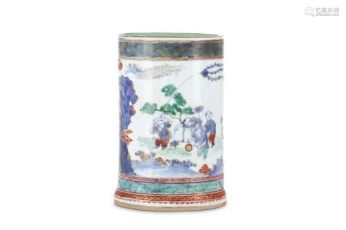 A CHINESE LATER-ENAMELLED BLUE AND WHITE 'BOYS' BRUSH POT, BITONG. Transitional period, later