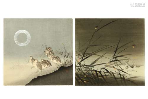 TSUKIOKA KOGYO (1869 - 1927) Two woodblock prints, shikishi format, quails and the moon, and