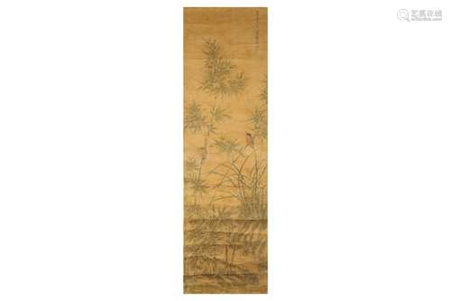 A CHINESE PAINTING OF BIRDS AND FLOWERS. Late Qing Dynasty. Hanging scroll, ink and colour on