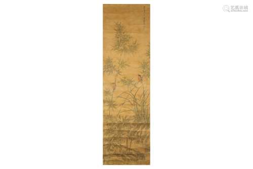 A CHINESE PAINTING OF BIRDS AND FLOWERS. Late Qing Dynasty. Hanging scroll, ink and colour on