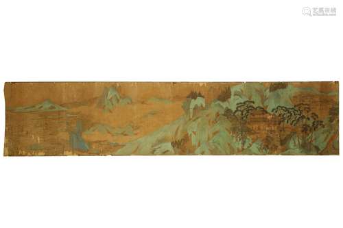 A CHINESE HANDSCROLL PAINTING ON SILK. Depicting a meeting in a pavilion in a mountainous landscape,