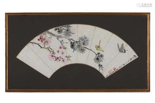 A CHINESE FAN PAINTING. Qing Dynasty. Depicting two butterflies in flight near blossoming branches