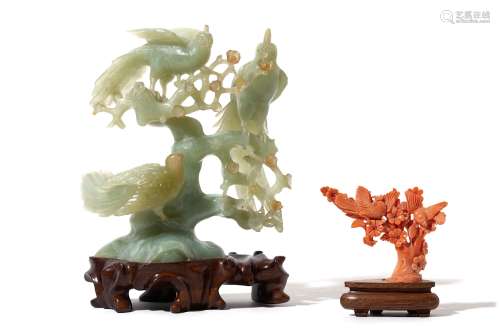 A CHINESE HARDSTONE 'BIRD' CARVING. With three paradise flycatchers, one male and two females