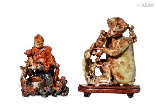 TWO CHINESE SOAPSTONE CARVINGS. Qing Dynasty, 19th Century. Comprising a large monkey carving with