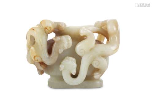 A CHINESE PALE CELADON JADE 'CHILONG' VASE. Qing Dynasty. With two chilong dragons wrapped around