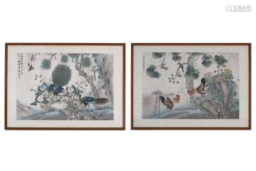 A PAIR OF CHINESE BIRD AND FLOWER PAINTINGS. Qing Dynasty. One depicting a pair of cockerels and a