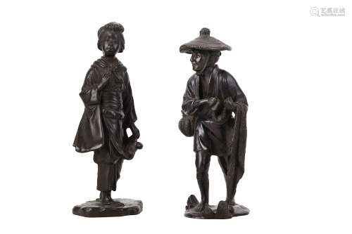 TWO JAPANESE BRONZE FIGURES BY SEIYA. Meiji period. A standing figure of a fisherman, wearing a