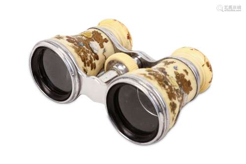 A PAIR OF IVORY OPERA GLASSES. Meiji period. Decorated in gold lacquer and shibayama inlaid, with