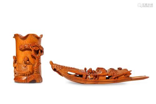 A CHINESE CARVED WOOD BRUSH POT, BITONG AND A RAFT CARVING. The brush pot incised with figures below