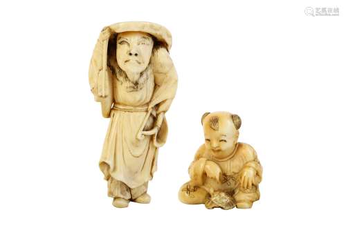 TWO IVORY NETSUKE OF CHINESE FIGURES. 19th Century. A standing figure of a Mongolian archer