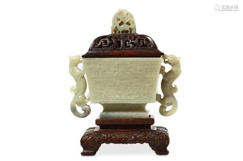 A CHINESE PALE CELADON JADE INCENSE BURNER. The square-section body with canted sides decorated with
