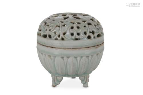 A CHINESE QINGBAI 'LOTUS' INCENSE BURNER AND COVER. Song Dynasty or later. The ovoid body moulded