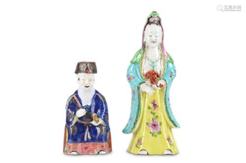 TWO FAMILLE ROSE FIGURES. Late Qing Dynasty. One of standing Guanyin wearing brightly enamelled