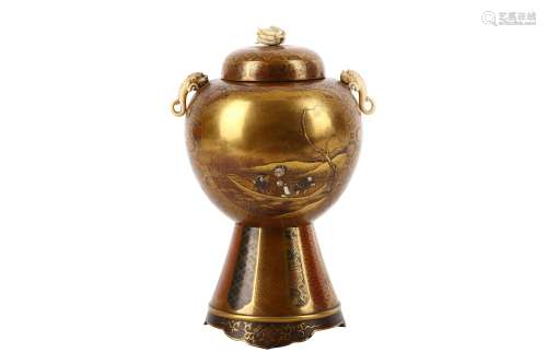 A GOLD LACQUER LIDDED VASE. Meiji period. Of a globular body with long flared foot, finely decorated