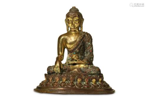 A SINO-TIBETAN GILT-BRONZE FIGURE OF BUDDHA. Seated in  on a base, wearing monk's robes draped