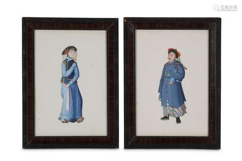 A PAIR CHINESE OF EXPORT PAINTINGS.  19th Century. Depicting a Manchu lady and a Mandarin official