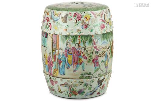 A CHINESE FAMILLE ROSE GARDEN SEAT.  Late Qing Dynasty. Painted with figures of scholars and