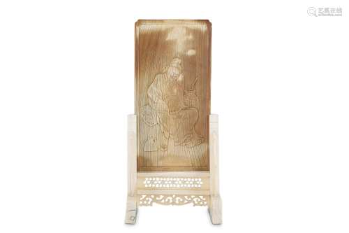 A CHINESE TABLE IVORY SCREEN. 17th Century. Carved in shallow relief with the poet Li Bai sleeping