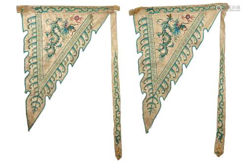 A PAIR OF CHINESE EMBROIDERED IVORY-GROUND SILK FLAGS. Qing Dynasty. Each worked with silk and