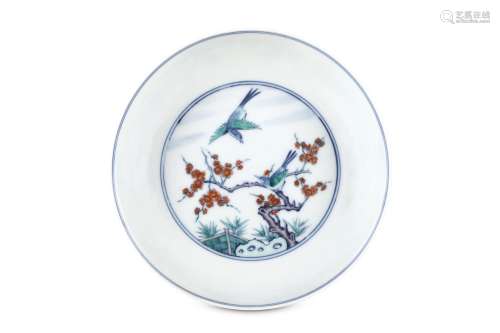 A CHINESE DOUCAI ‘BIRDS’ DISH. Kangxi mark and possibly of the period. Finely painted to the