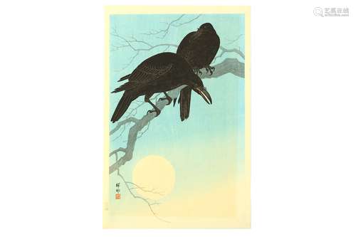 OHARA KOSON (1877 - 1945). Oban tate-e, woodblock print, crows and full moon, signed Shoson, with