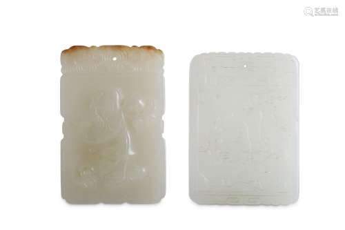 TWO CHINESE PALE CELADON JADE RECTANGULAR PLAQUES. Qing Dynasty. One carved with a boy holding a