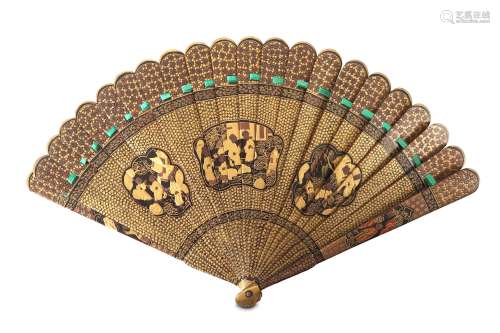 A CHINESE GILT-DECORATED BLACK LACQUER FAN. Qing Dynasty. The twenty-two leaves painted in gilt with