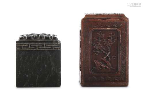 TWO CHINESE SOAPSTONE SEALS. Qing Dynasty. Each square-section with four characters to the face, one
