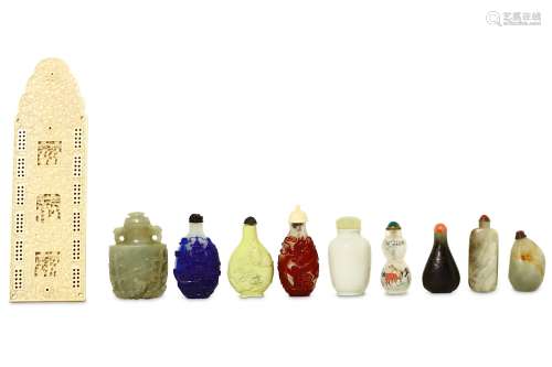 EIGHT CHINESE SNUFF BOTTLES AND A SMALL JADE VASE AND COVER. Late Qing Dynasty. Three jade, two