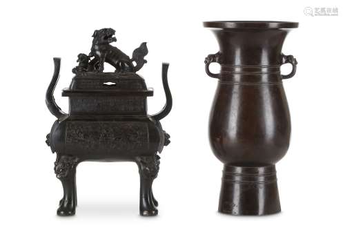 A CHINESE BRONZE VASE AND AN INCENSE BURNER AND COVER. Ming Dynasty and later. The vase with a