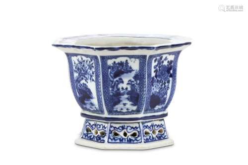 A CHINESE BLUE AND WHITE OCTAGONAL JARDINIERE. Qing Dynasty. Each face painted with alternating